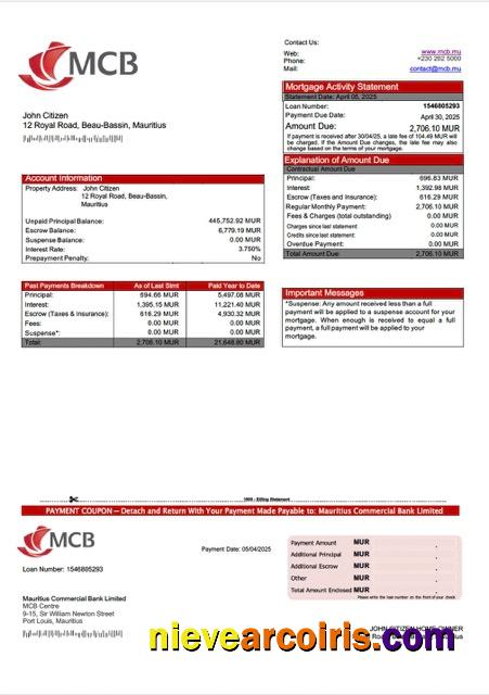 Mauritius Commercial Bank Limited mortgage statement Word and PDF template
